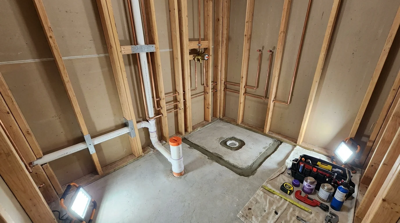 Bathroom rough-in plumbing during remodel by Johns Plumbing LLC in Aliquippa