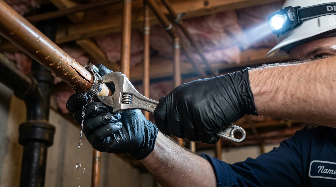 Emergency pipe clamp repair being performed by a Johns Plumbing LLC plumber in Aliquippa
