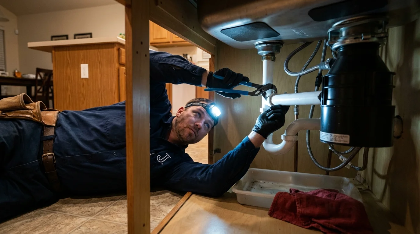 P-trap and supply line connections under a kitchen sink showing a common leak point in Aliquippa, PA
